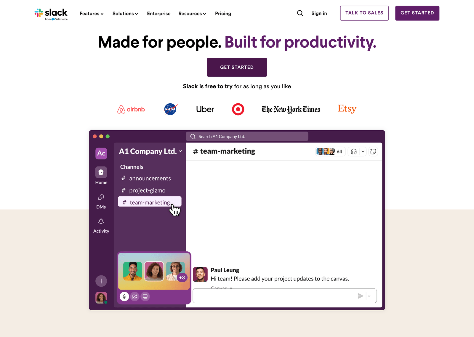 Slack website hero section