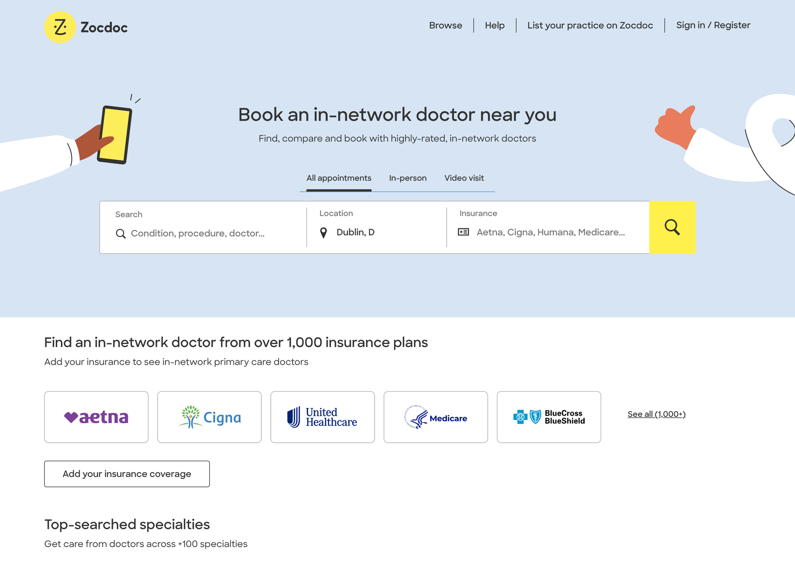 Zocdoc website hero section