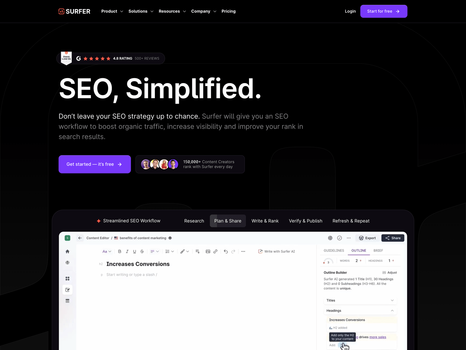 Surfer AI website hero section
